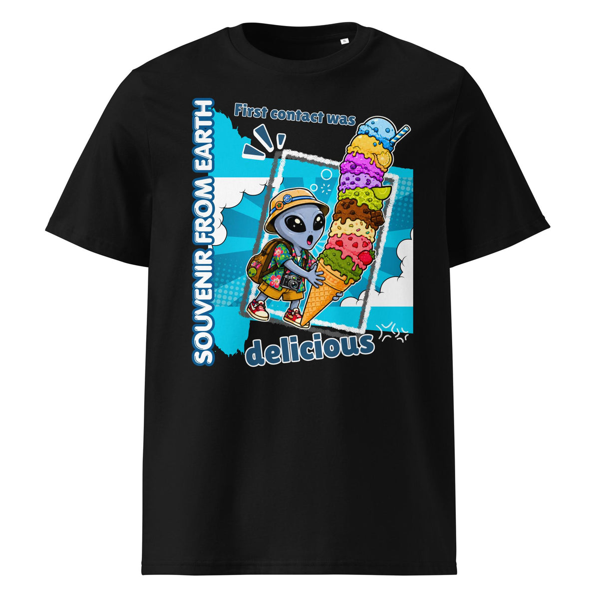 Alien Ice Cream T-shirt in black, front product view on white.
