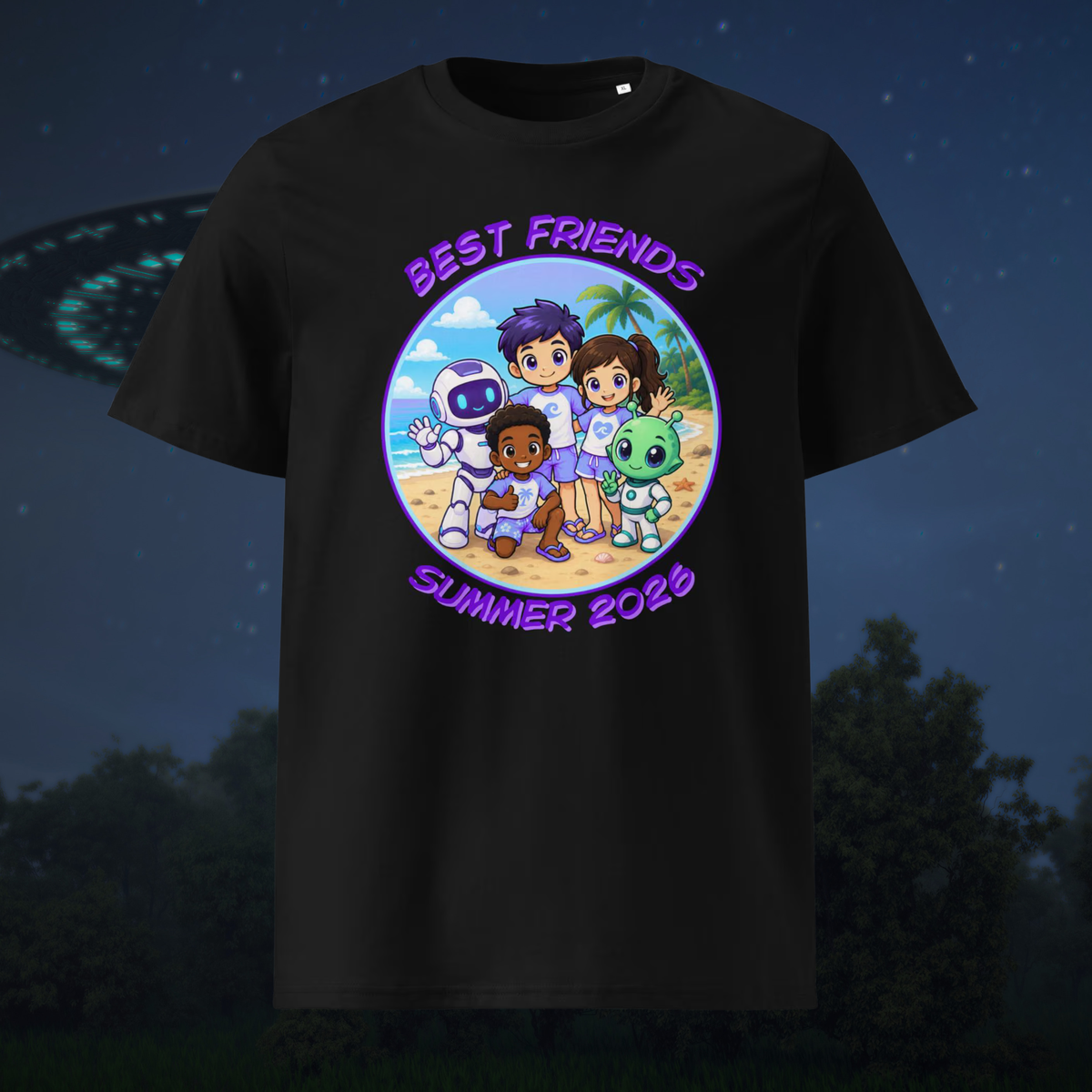 Alien AI Friends Summer 2026 T-shirt in black, front product view of the Best Friends graphic against a dark sky.