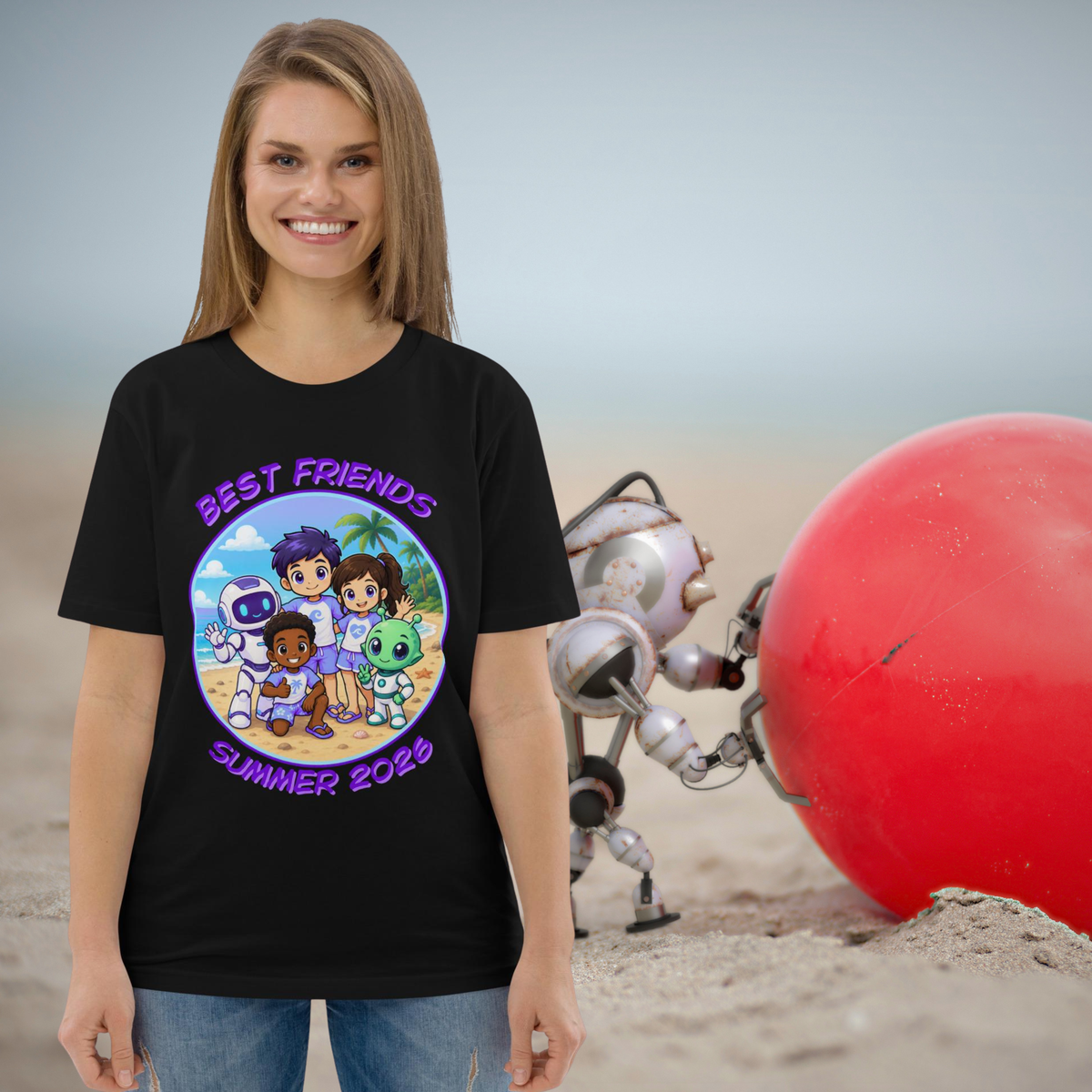 Alien AI Friends Summer 2026 T-shirt in black, worn by a model beside a robot and red planet.