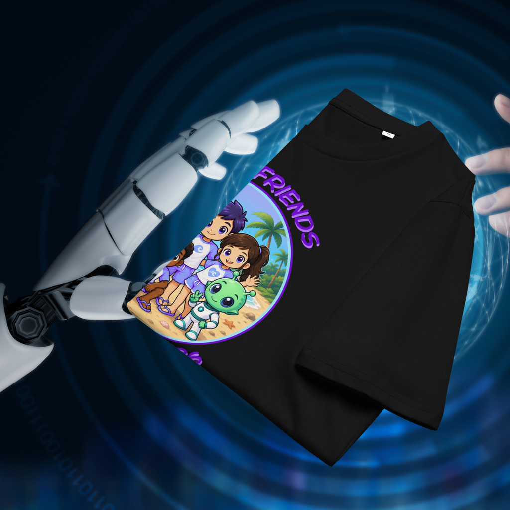 Alien AI Friends Summer 2026 T-shirt in black, folded beside a robot arm against glowing blue rings.