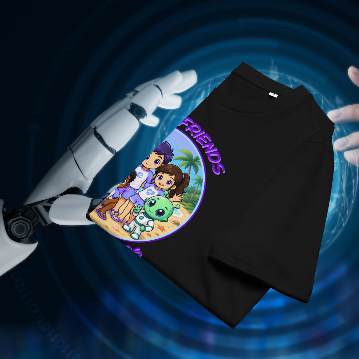Alien AI Friends Summer 2026 T-shirt in black, folded beside a robot arm against glowing blue rings.