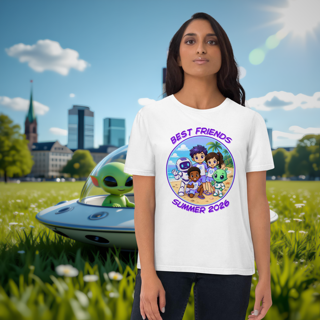 Alien AI Friends Summer 2026 T-shirt in white, worn by a model in a park with a UFO backdrop.