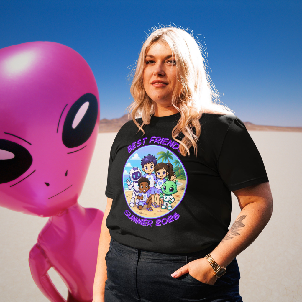 Alien AI Friends Summer 2026 T-shirt in black, worn by a model beside a large pink alien.