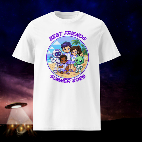 Alien AI Friends Summer 2026 T-shirt in white, front product view with colorful Best Friends artwork and a UFO backdrop.