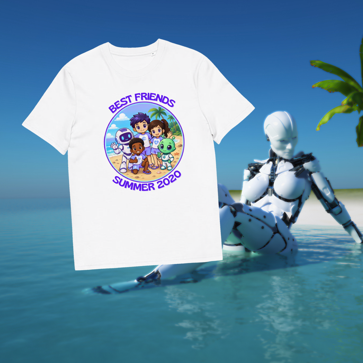 Alien AI Friends Summer 2026 T-shirt in white, front product view with a robot sitting in blue water behind.