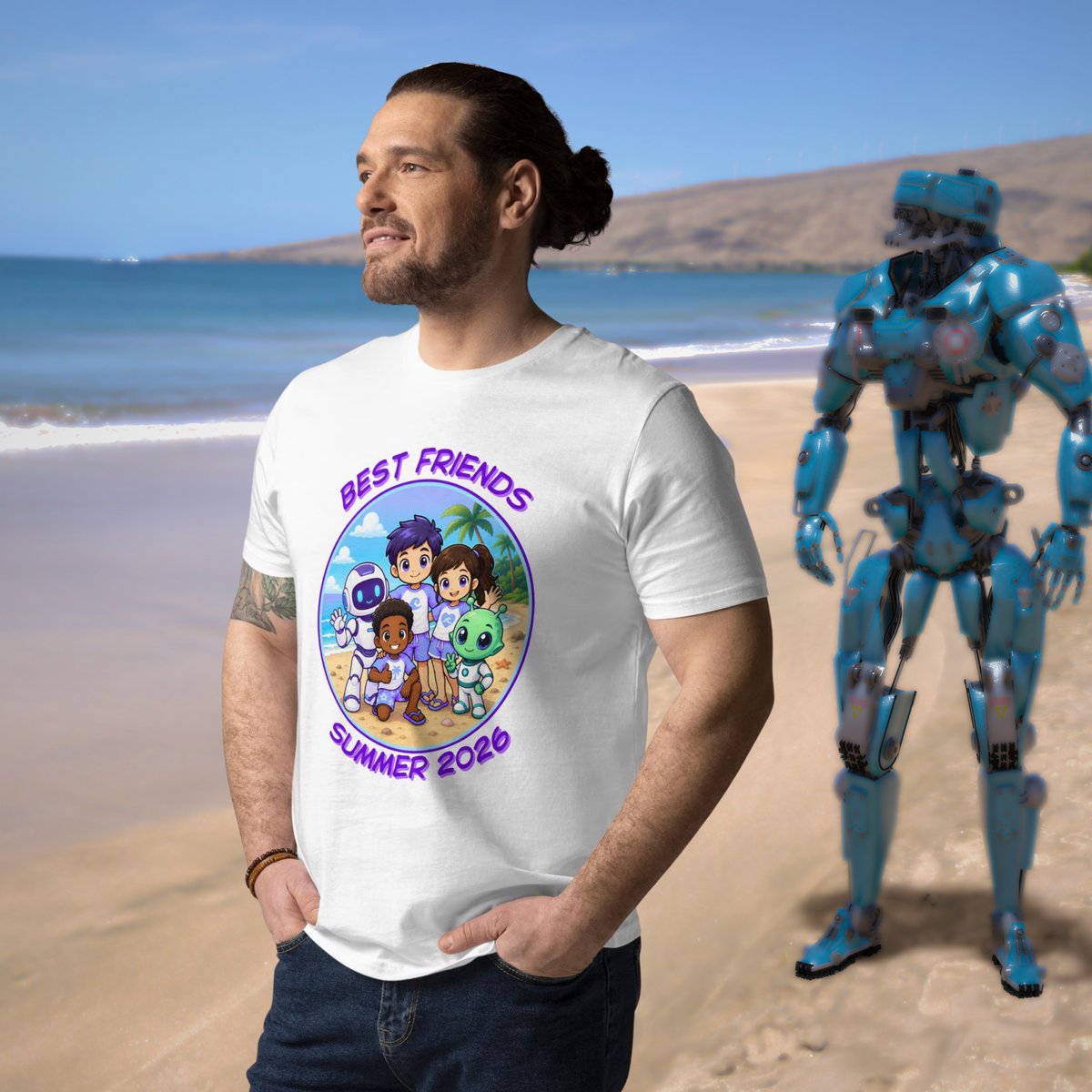 Alien AI Friends Summer 2026 T-shirt in white, worn by a model beside a blue robot on a beach backdrop.