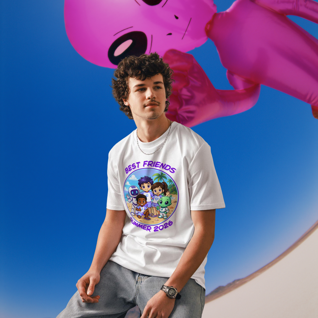 Alien AI Friends Summer 2026 T-shirt in white, worn by a seated model beneath a large pink alien.