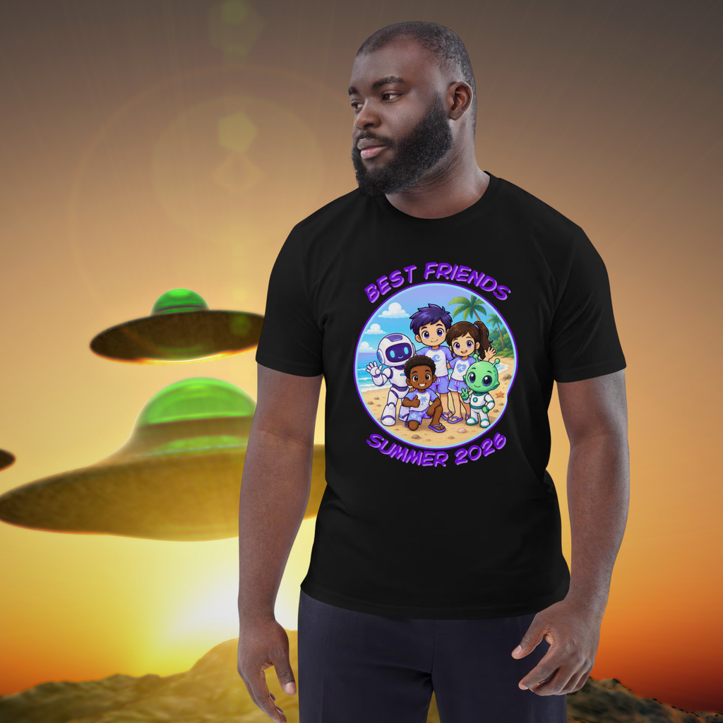 Alien AI Friends Summer 2026 T-shirt in black, worn by a model against flying saucers at sunset.