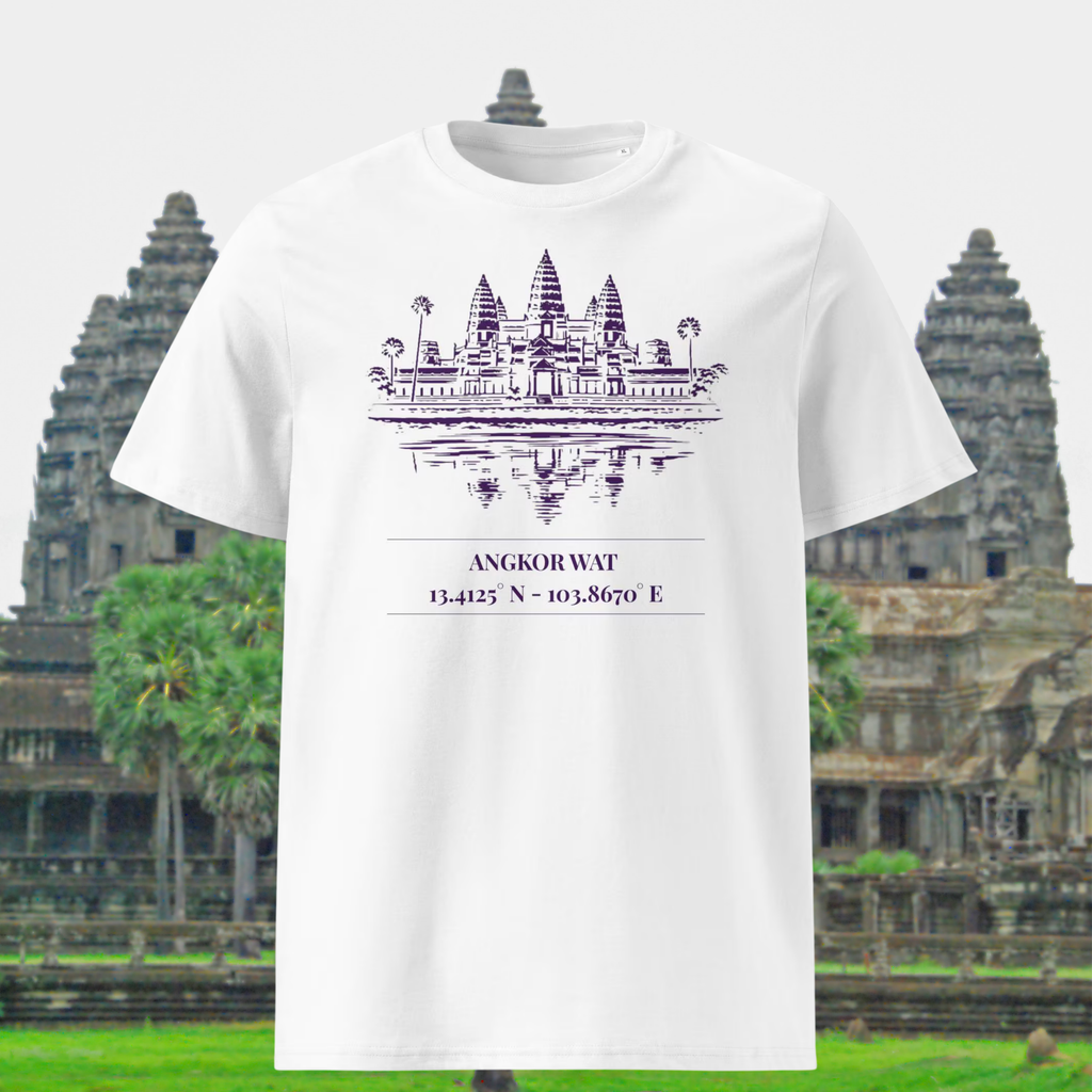 Angkor Wat coordinates T-shirt in white, front product view against an Angkor temple backdrop.