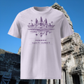 Angkor Wat coordinates T-shirt in lavender, front product view of the temple, reflection and coordinates.