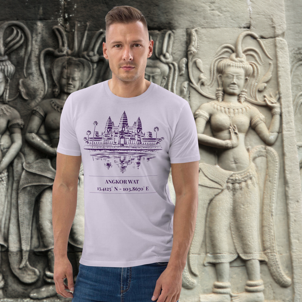 Angkor Wat coordinates T-shirt in lavender, worn by a model beside carved stone figures.