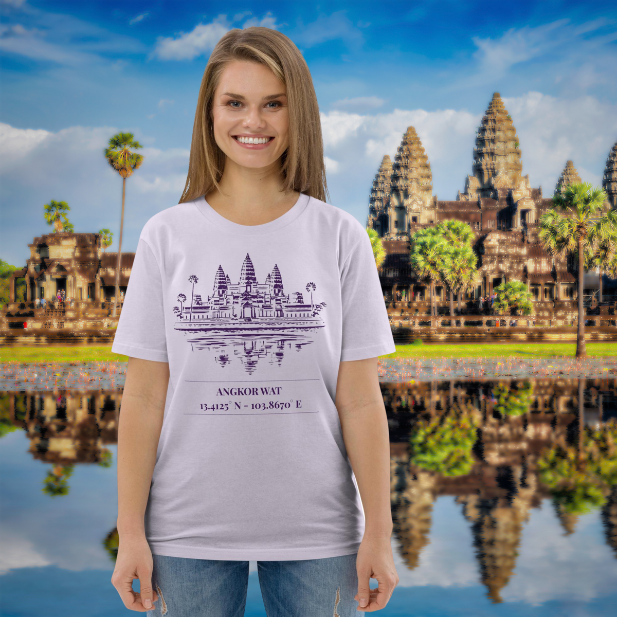 Angkor Wat coordinates T-shirt in lavender, worn by a model beside a temple and reflecting pool.