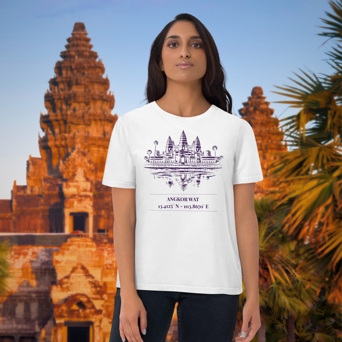 Angkor Wat coordinates T-shirt in white, worn by a model against a temple ruins backdrop.
