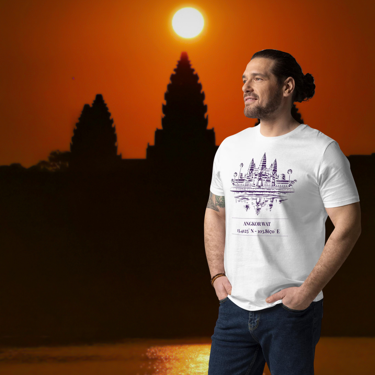 Angkor Wat coordinates T-shirt in white, worn by a model against an Angkor temple sunset.