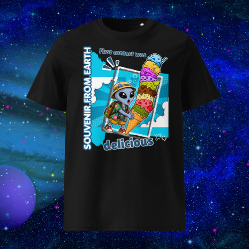 Alien Ice Cream T-shirt in black, front product view of the colorful alien and ice cream graphic.