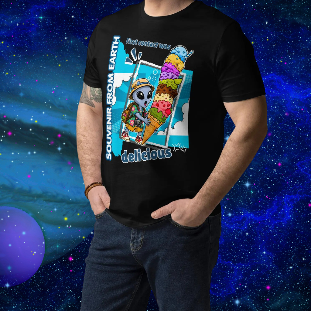 Alien Ice Cream T-shirt in black, torso view against a galaxy backdrop.