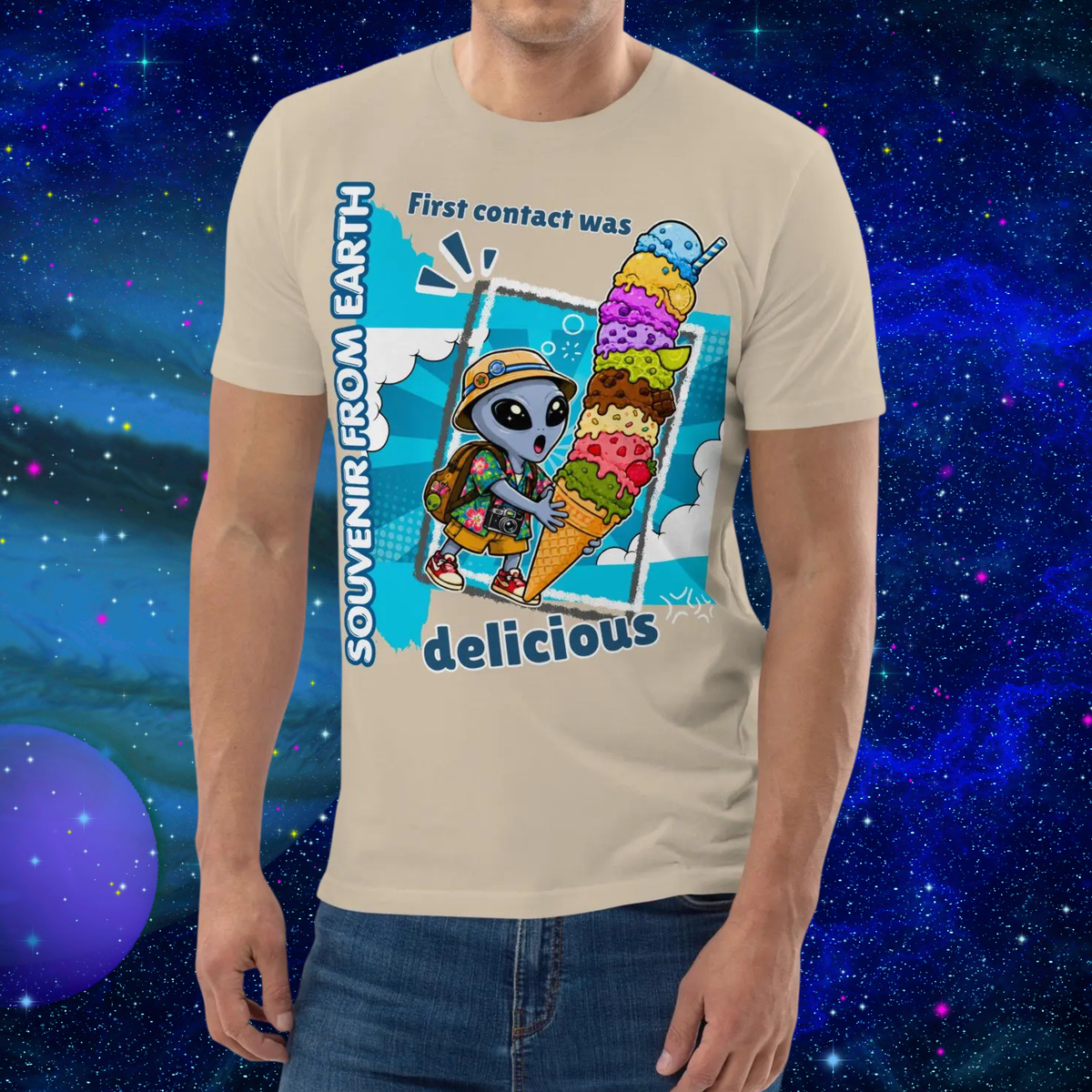 Alien Ice Cream T-shirt in beige, torso view showing the Souvenir From Earth artwork.