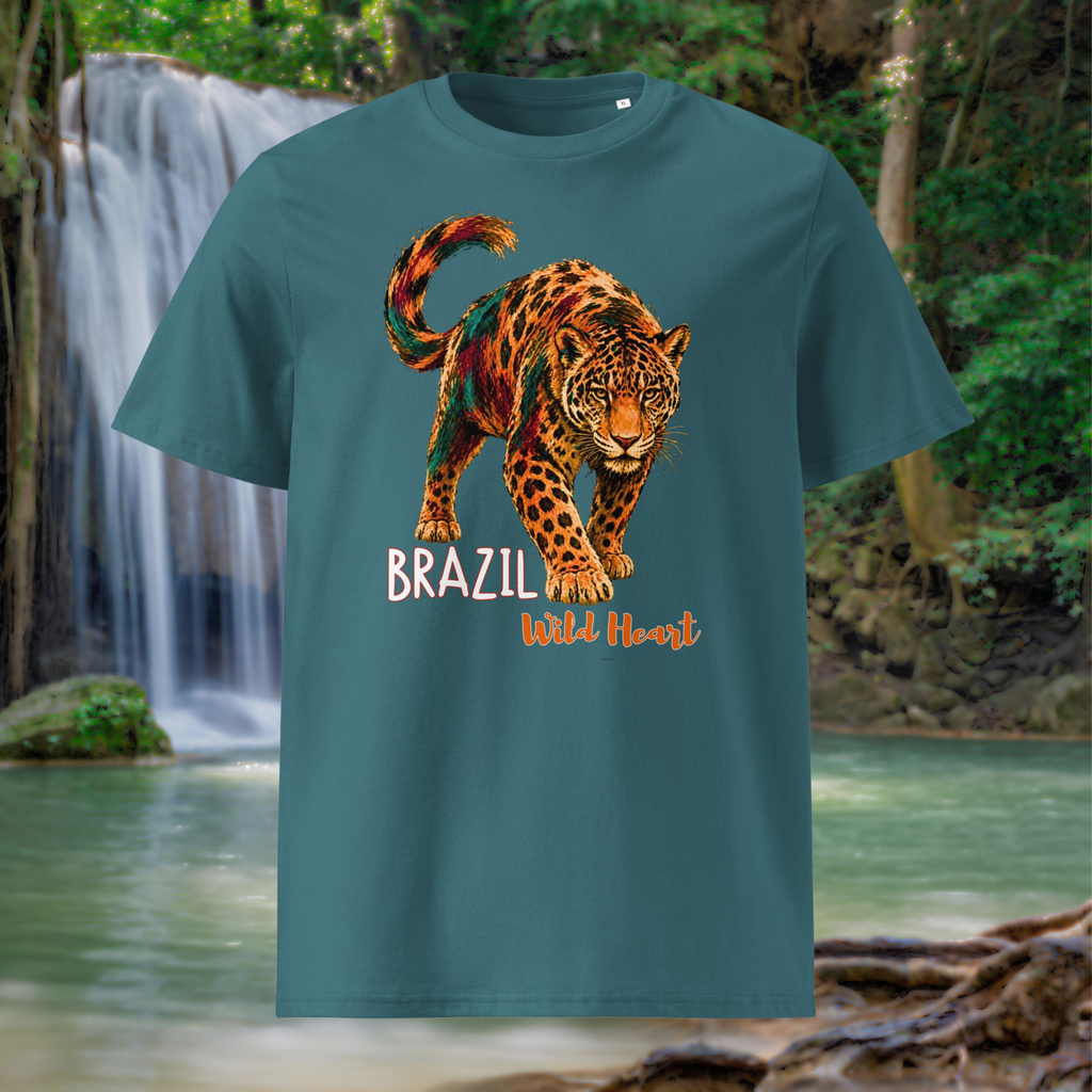 Brazil Jaguar T-shirt in teal, front product view with a waterfall behind.