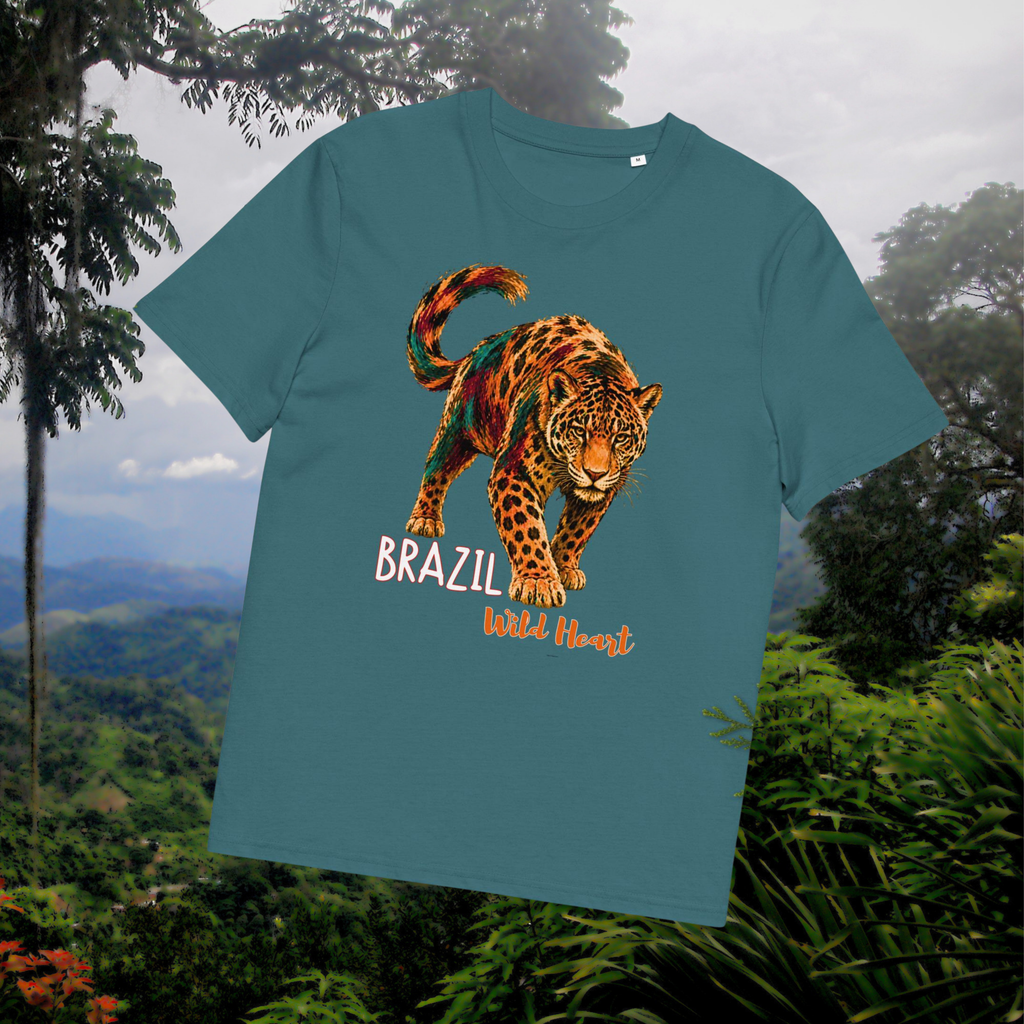 Brazil Jaguar T-shirt in teal, front product view showing the jaguar graphic and Brazil lettering.