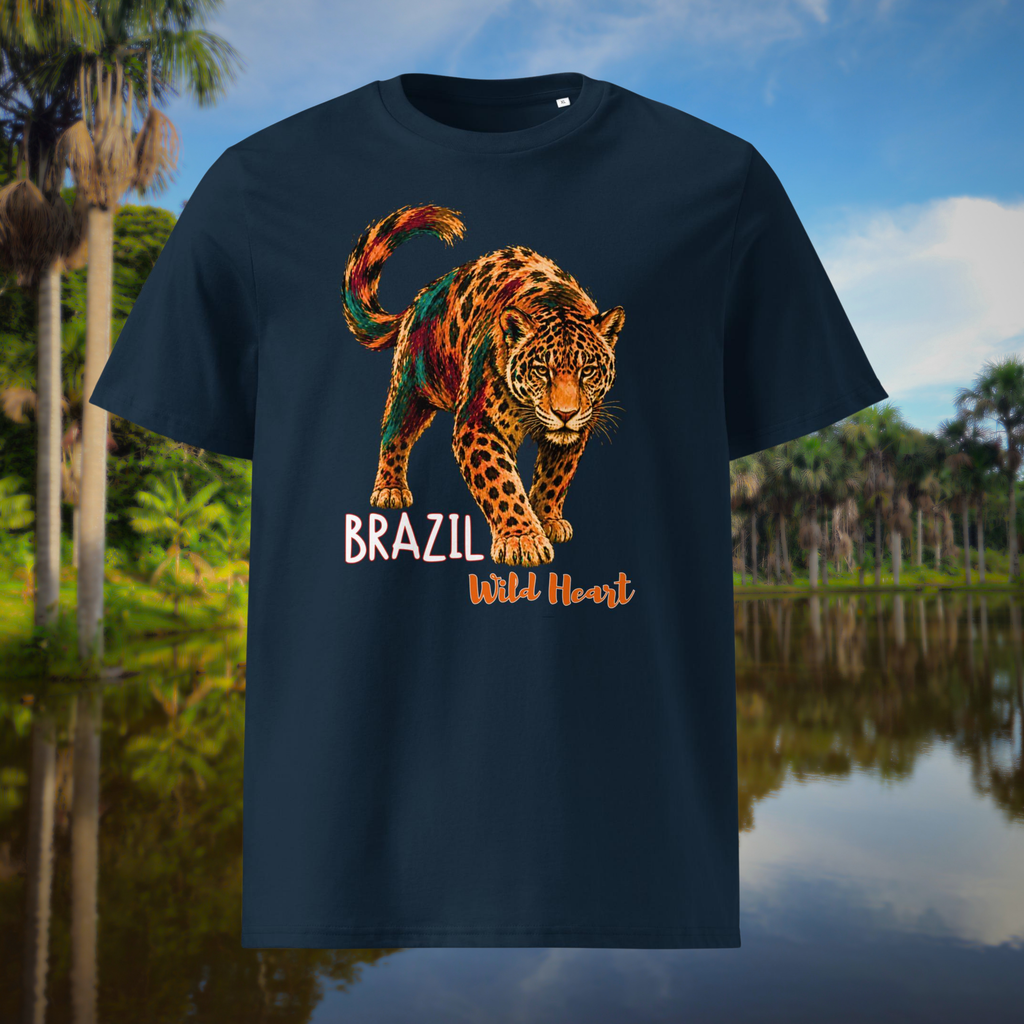 Brazil Jaguar T-shirt in navy, front product view of the orange jaguar artwork and Brazil lettering.