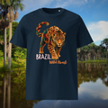 Brazil Jaguar T-shirt in navy, front product view of the orange jaguar artwork and Brazil lettering.