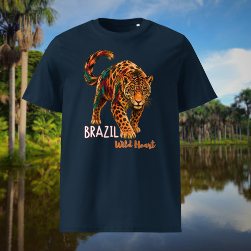 Brazil Jaguar T-shirt in navy, front product view of the orange jaguar artwork and Brazil lettering.