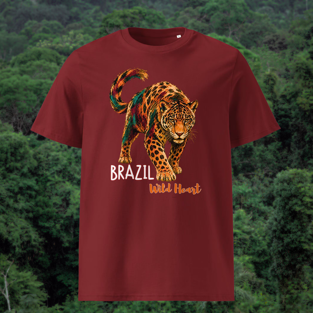 Brazil Jaguar T-shirt in burgundy, front product view against a rainforest backdrop.