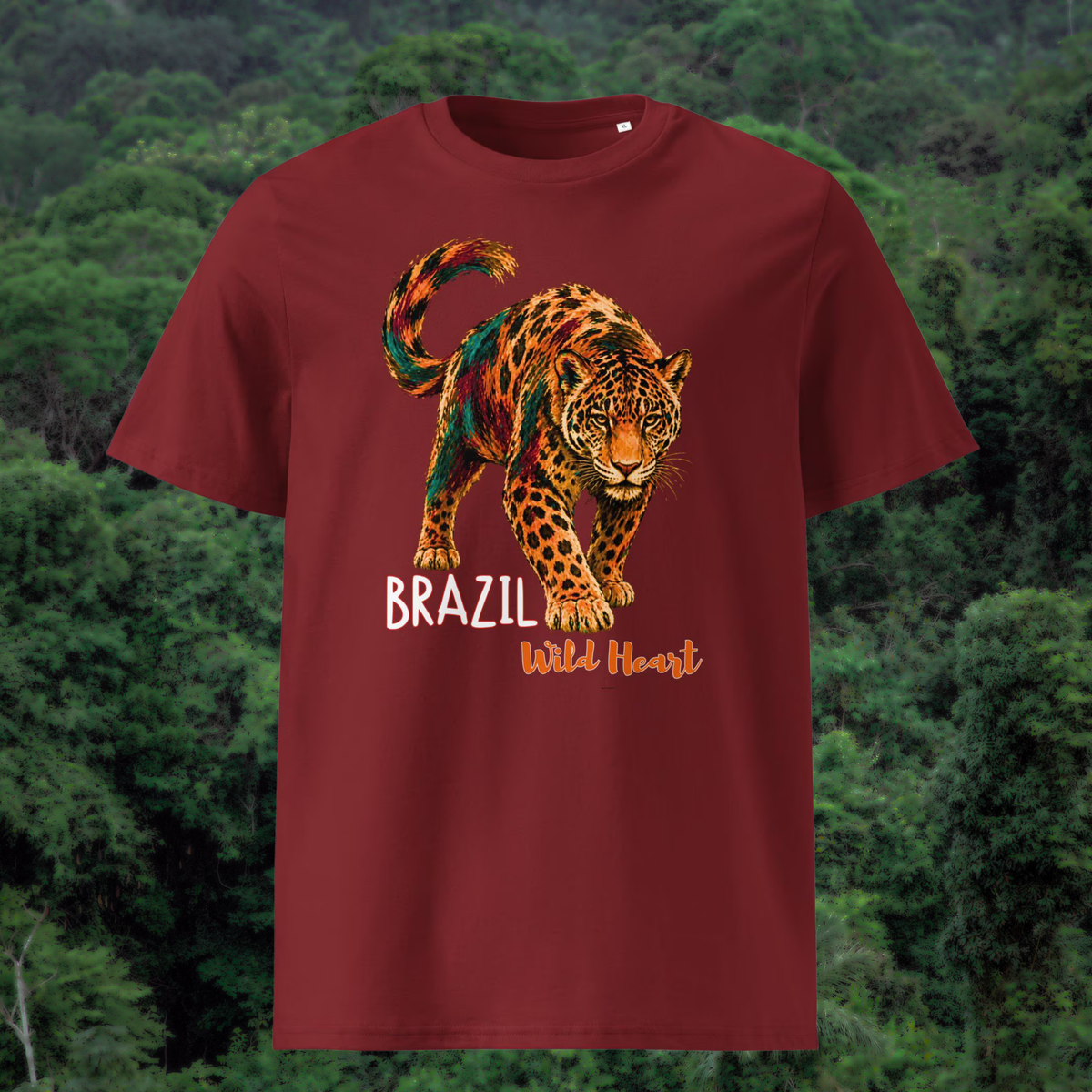 Brazil Jaguar T-shirt in burgundy, front product view against a rainforest backdrop.