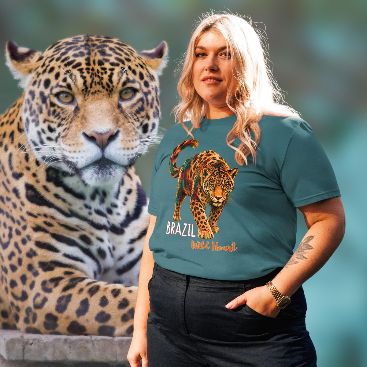 Brazil Jaguar T-shirt in teal, worn by a model beside a large jaguar portrait.