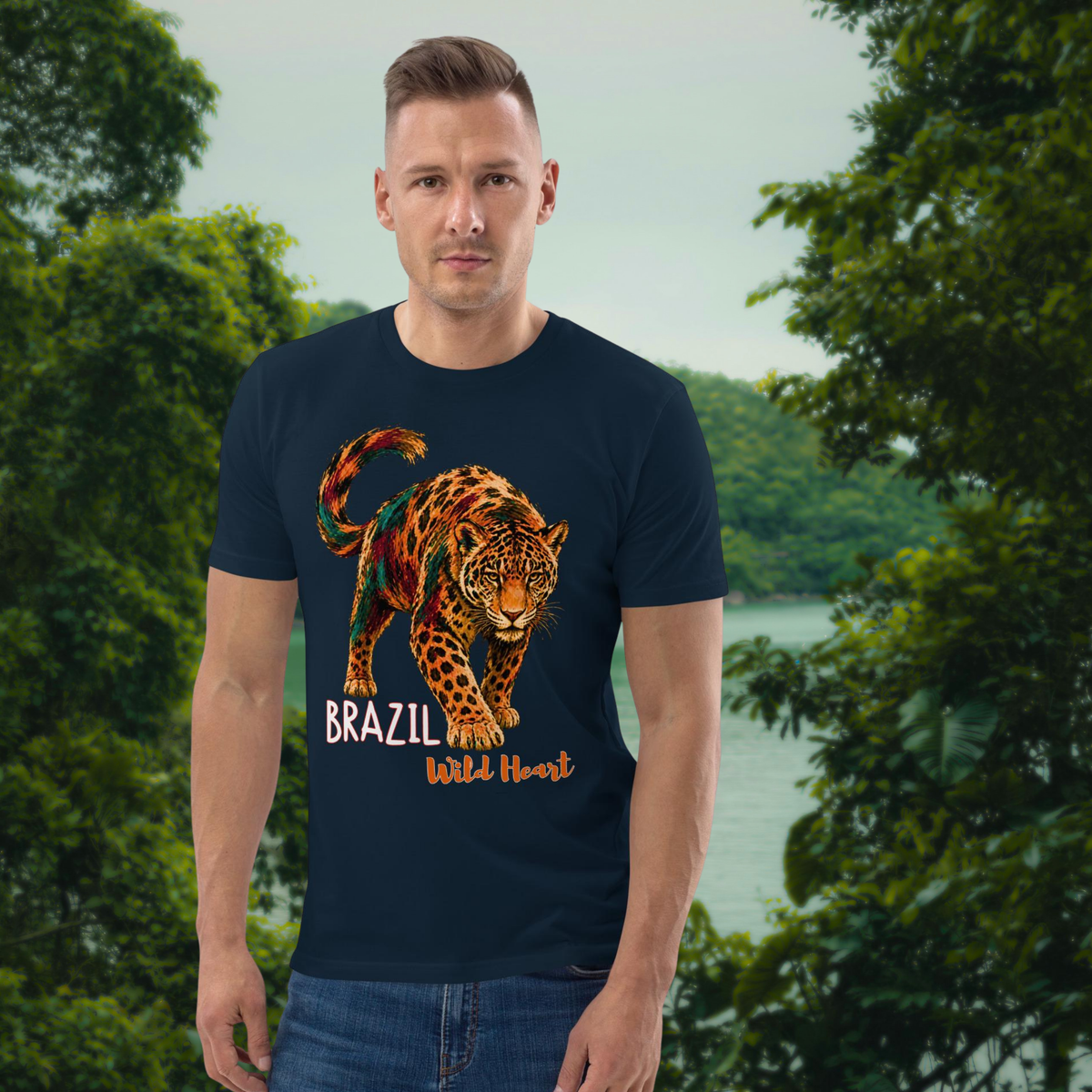 Brazil Jaguar T-shirt in navy, worn by a model with hands in pockets.