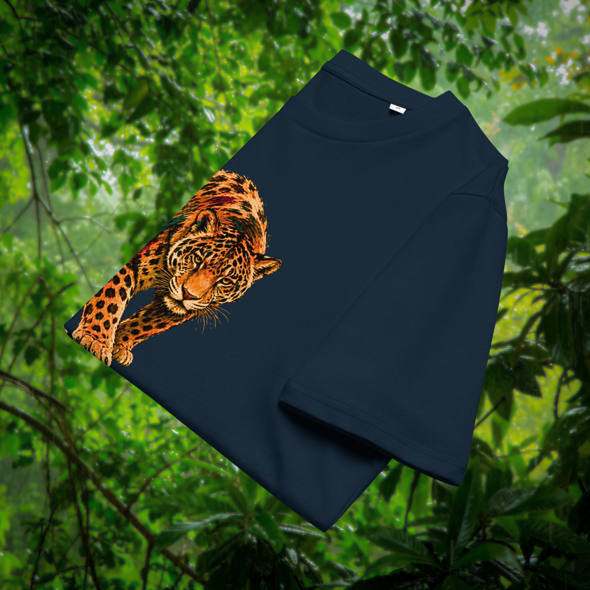 Brazil Jaguar T-shirt in navy, folded to show the orange jaguar illustration.
