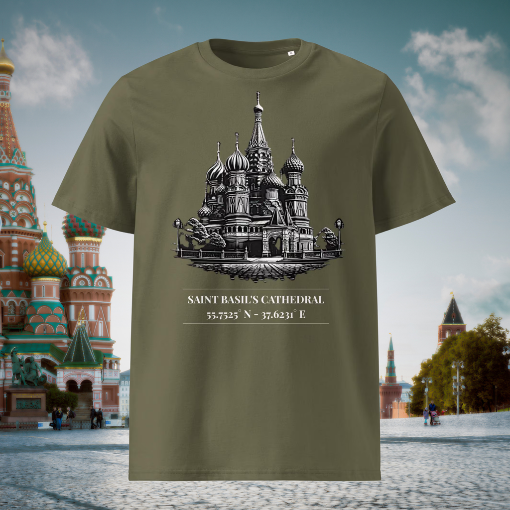 Saint Basil's Cathedral coordinates T-shirt in khaki, front product view against a Moscow landmark backdrop.
