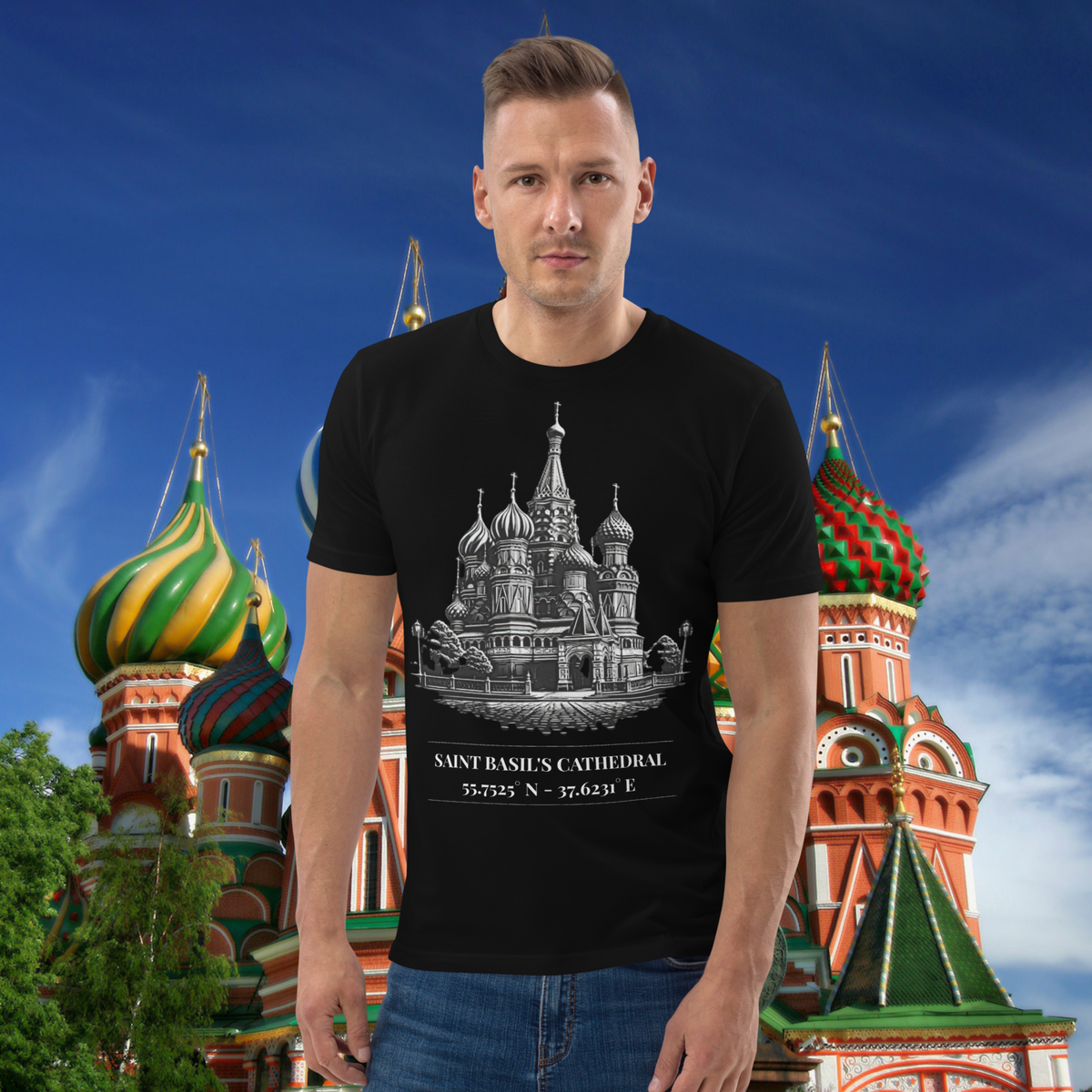 Saint Basil's Cathedral coordinates T-shirt in black, worn by a model against a cathedral backdrop.