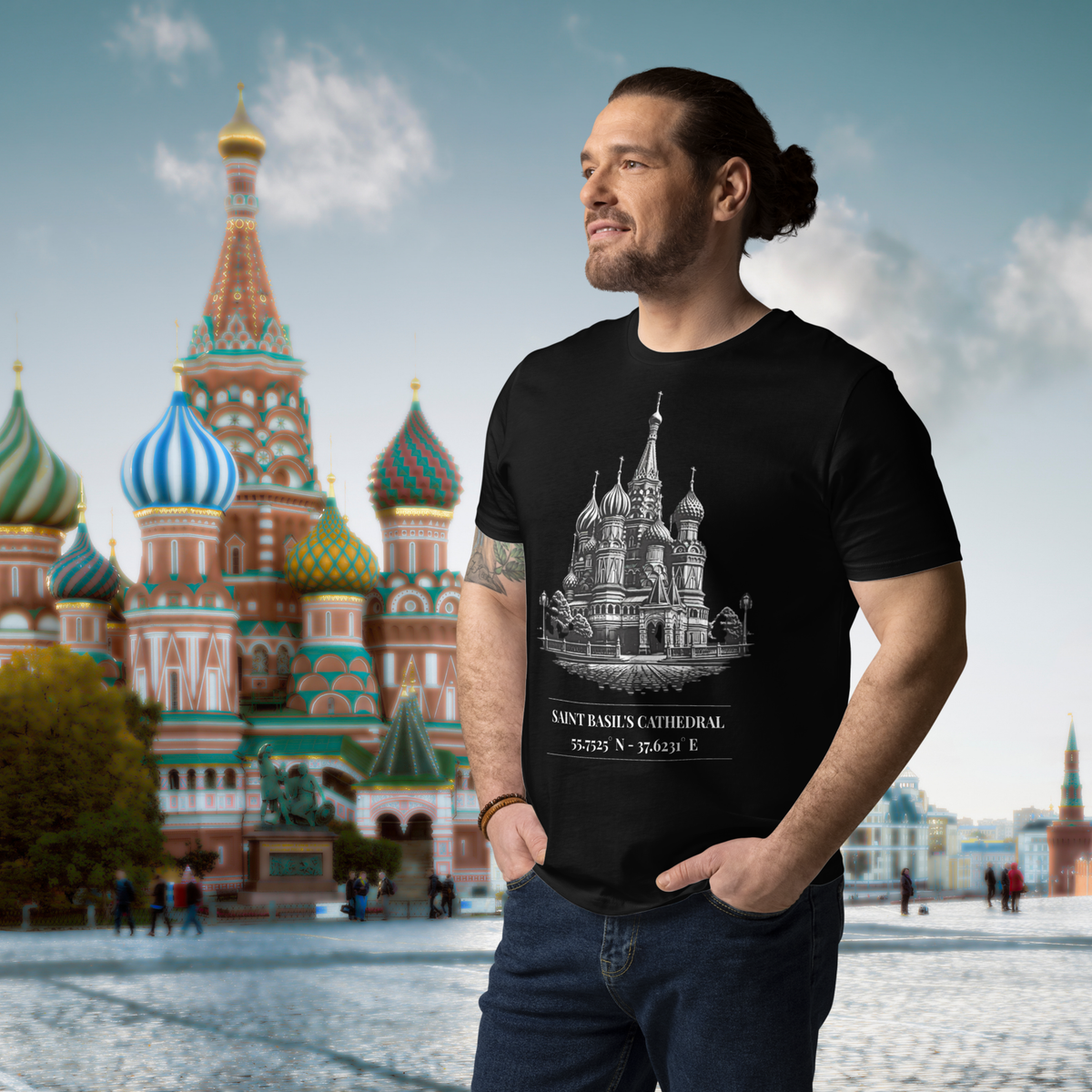 Saint Basil's Cathedral coordinates T-shirt in black, worn by a model with hands in pockets.