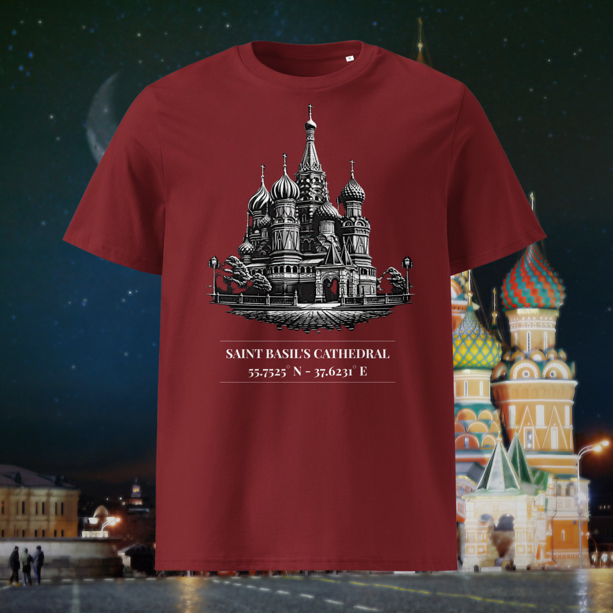 Saint Basil's Cathedral coordinates T-shirt in burgundy, front product view of the cathedral illustration and coordinates.