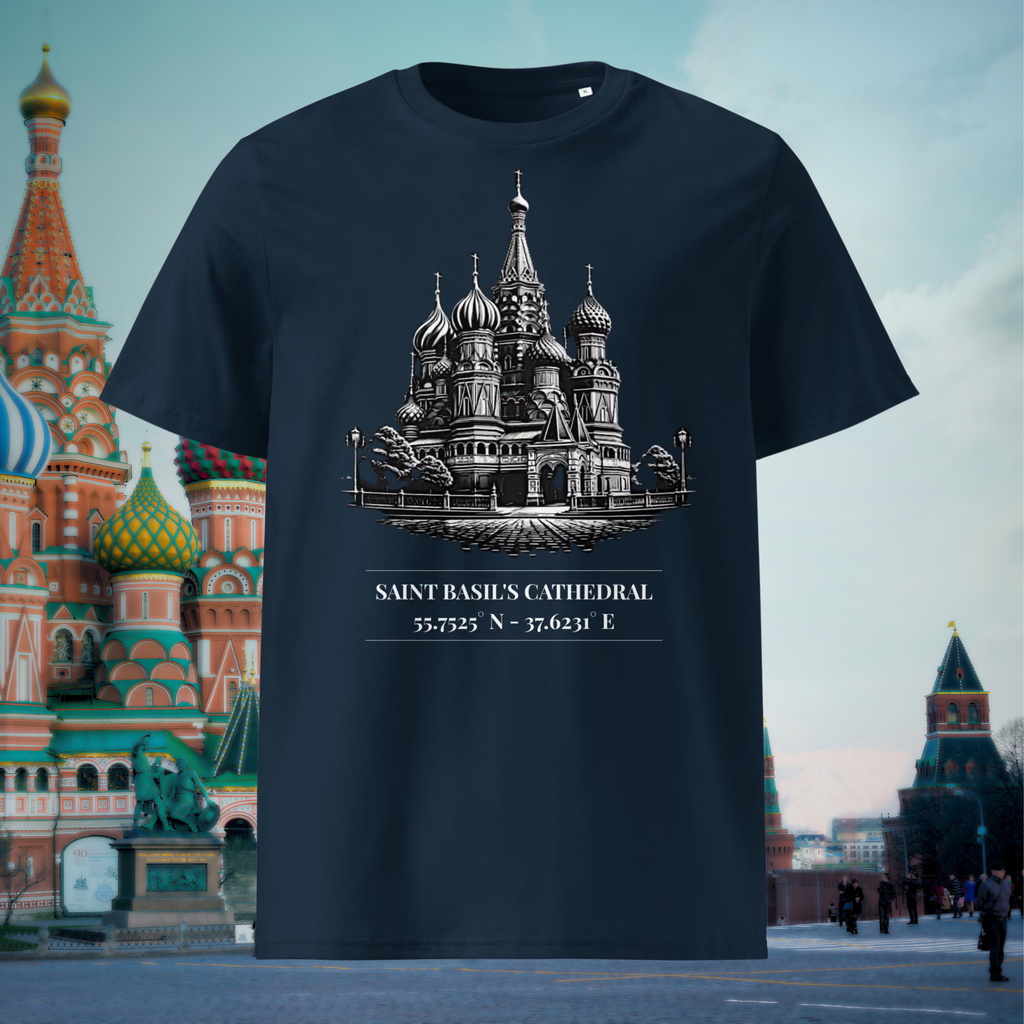 Saint Basil's Cathedral coordinates T-shirt in navy, front product view against a cathedral backdrop.