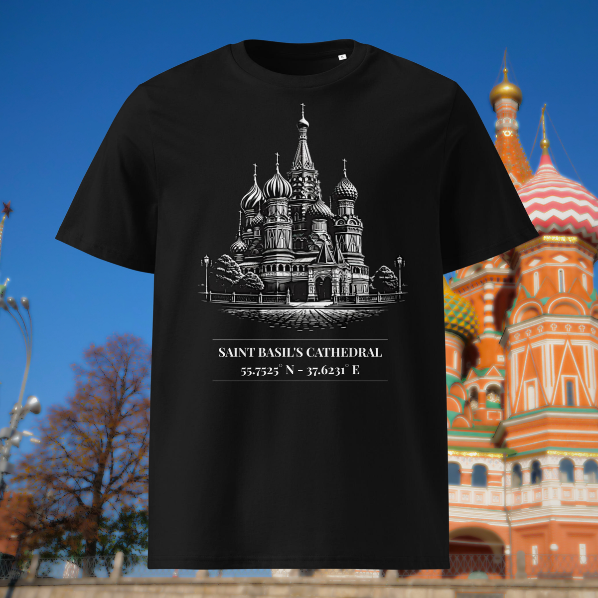 Saint Basil's Cathedral coordinates T-shirt in black, front product view of the white architectural illustration.