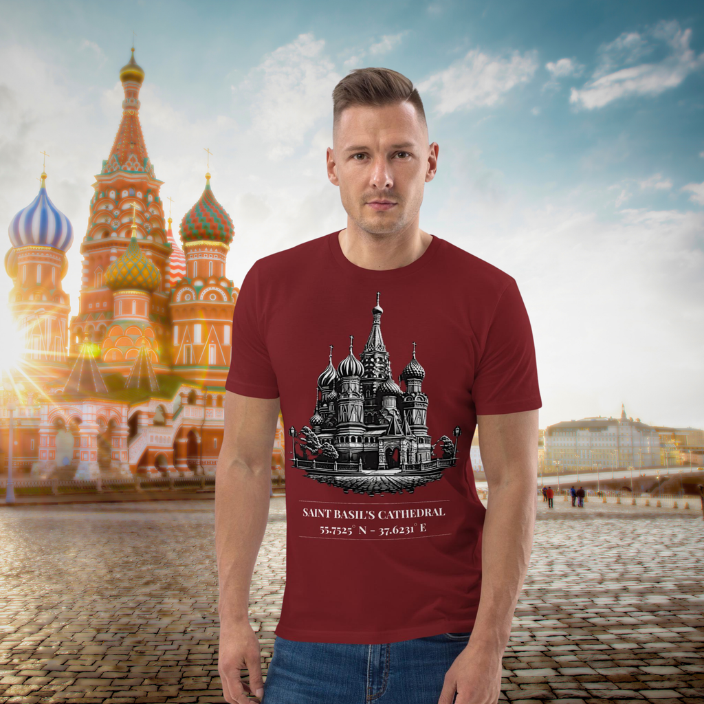Saint Basil's Cathedral coordinates T-shirt in burgundy, worn by a model against a cathedral square backdrop.