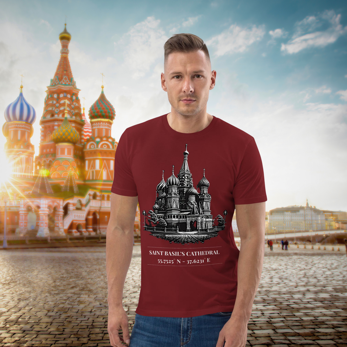 Saint Basil's Cathedral coordinates T-shirt in burgundy, worn by a model against a cathedral square backdrop.
