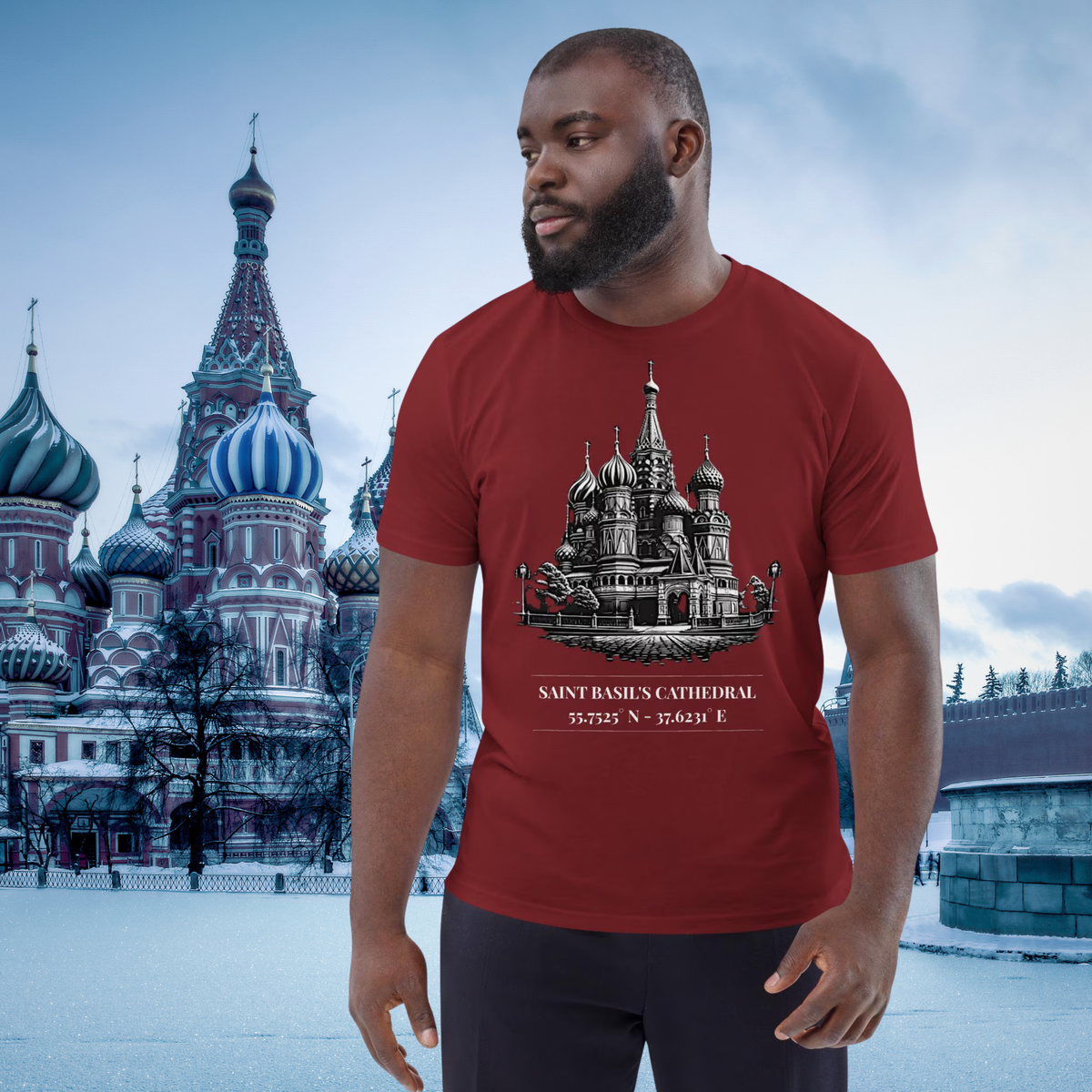Saint Basil's Cathedral coordinates T-shirt in burgundy, worn by a model in a snowy cathedral setting.