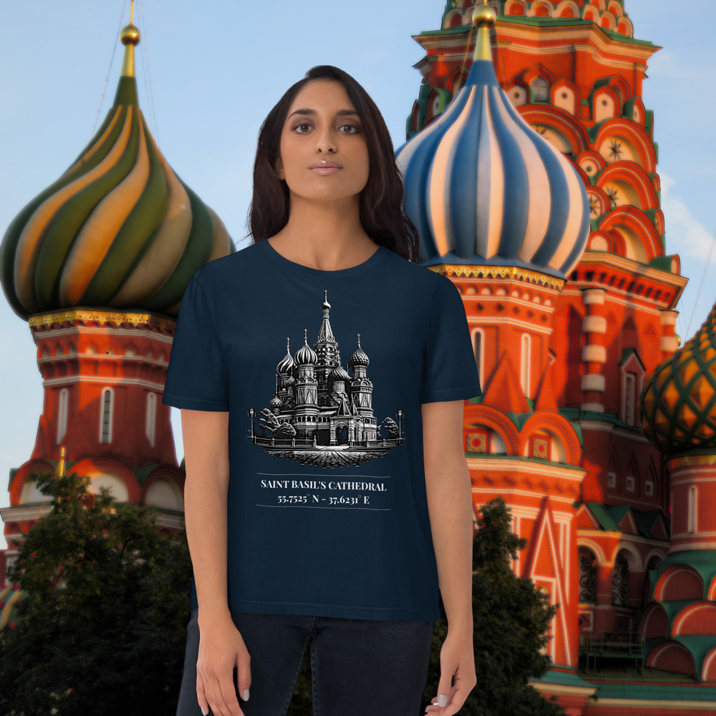 Saint Basil's Cathedral coordinates T-shirt in navy, worn by a model beside colourful cathedral domes.