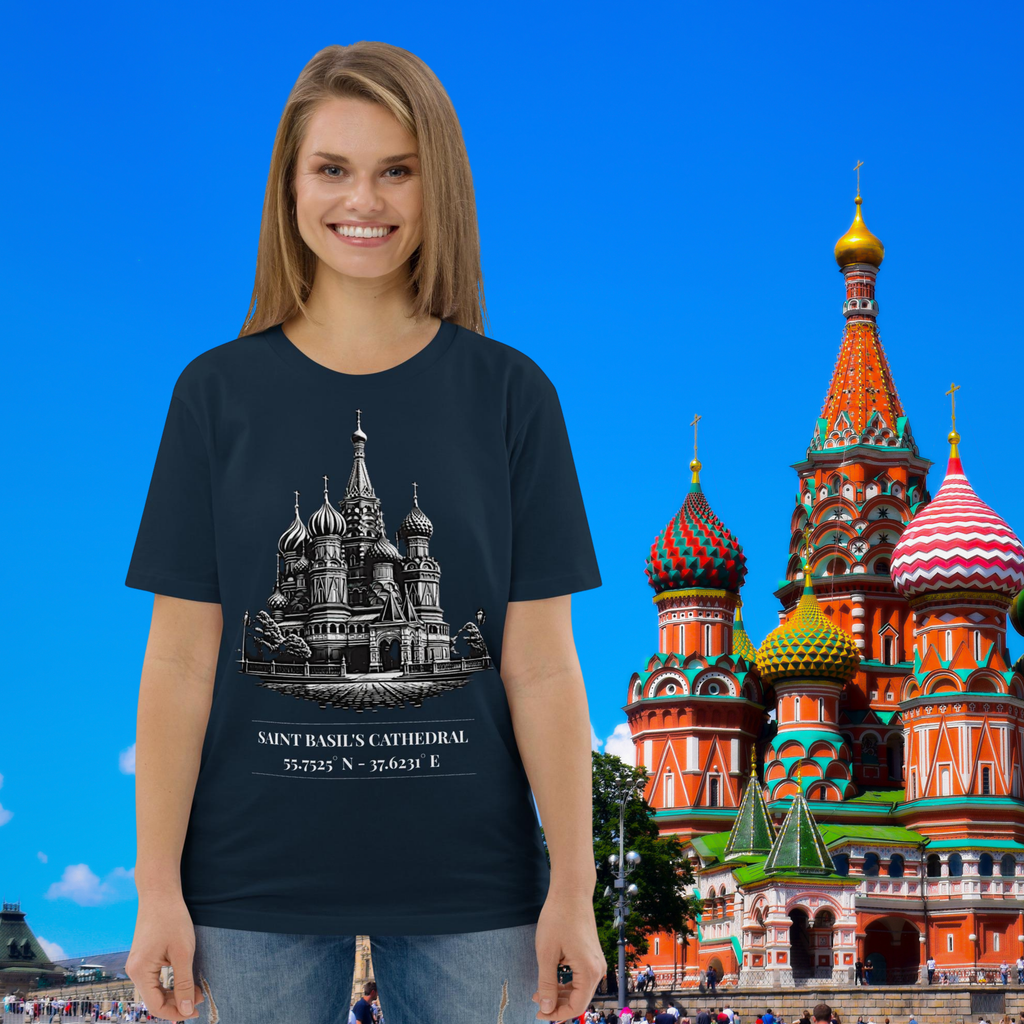 Saint Basil's Cathedral coordinates T-shirt in navy, worn by a model in a bright cathedral setting.