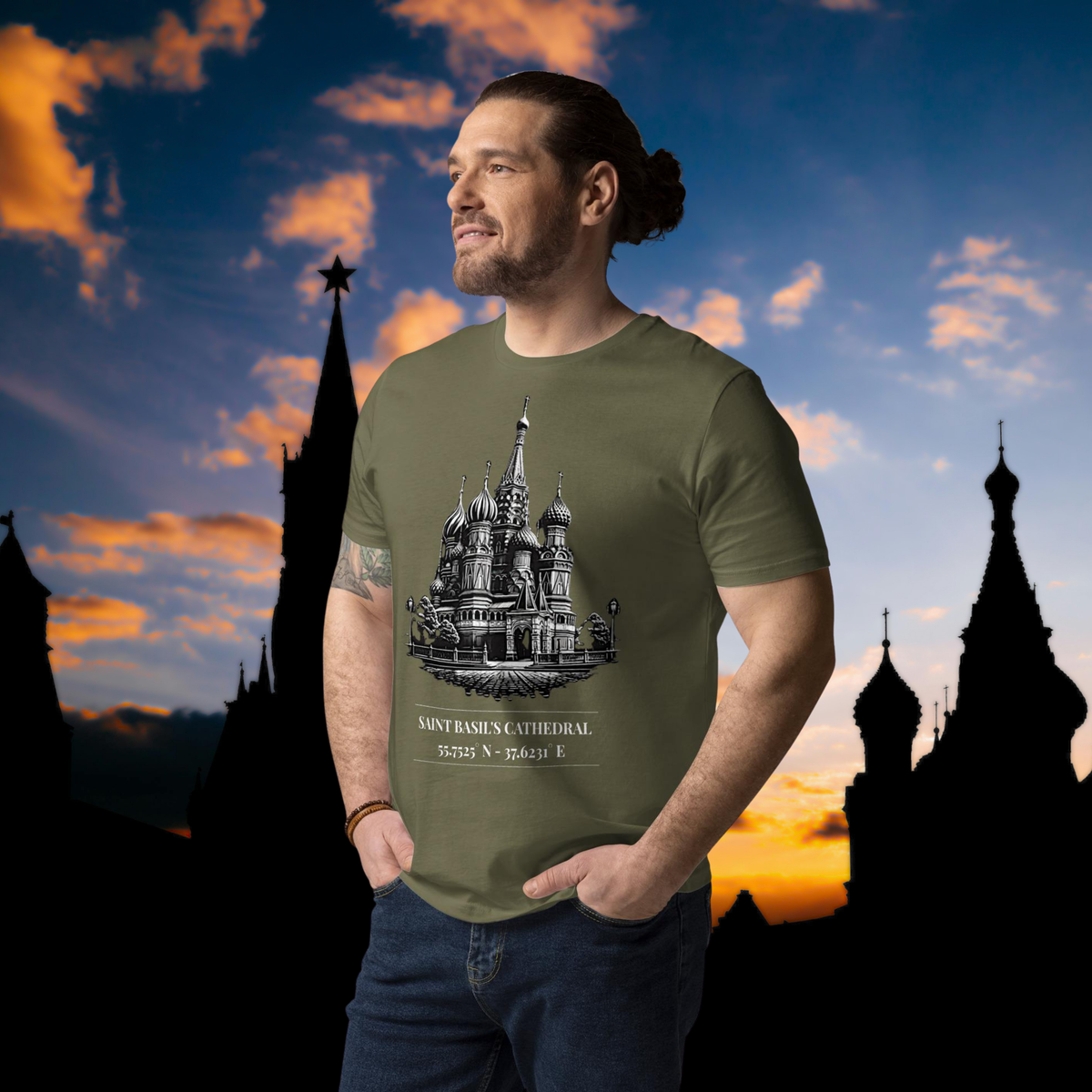 Saint Basil's Cathedral coordinates T-shirt in khaki, worn by a model against a sunset city backdrop.