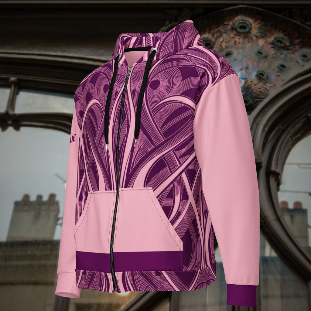 Pink Art Nouveau zip hoodie front product view showing plum ornament, asymmetric sleeves and a blush pocket.