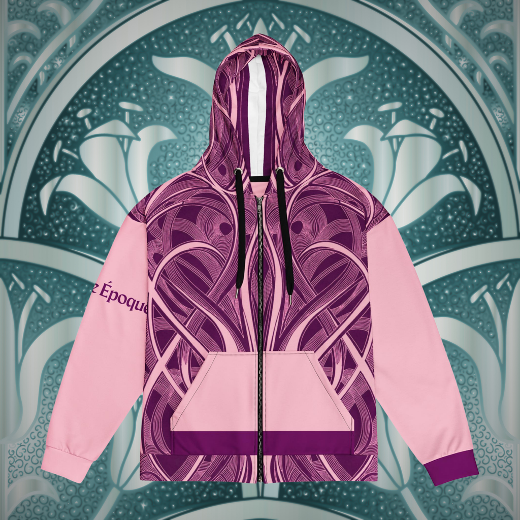 Pink Art Nouveau zip hoodie front product view against an ornamental green backdrop.