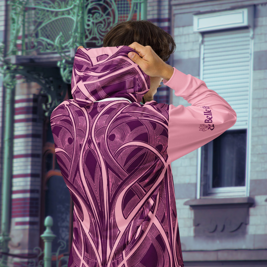Pink Art Nouveau zip hoodie rear view on a model adjusting the hood.