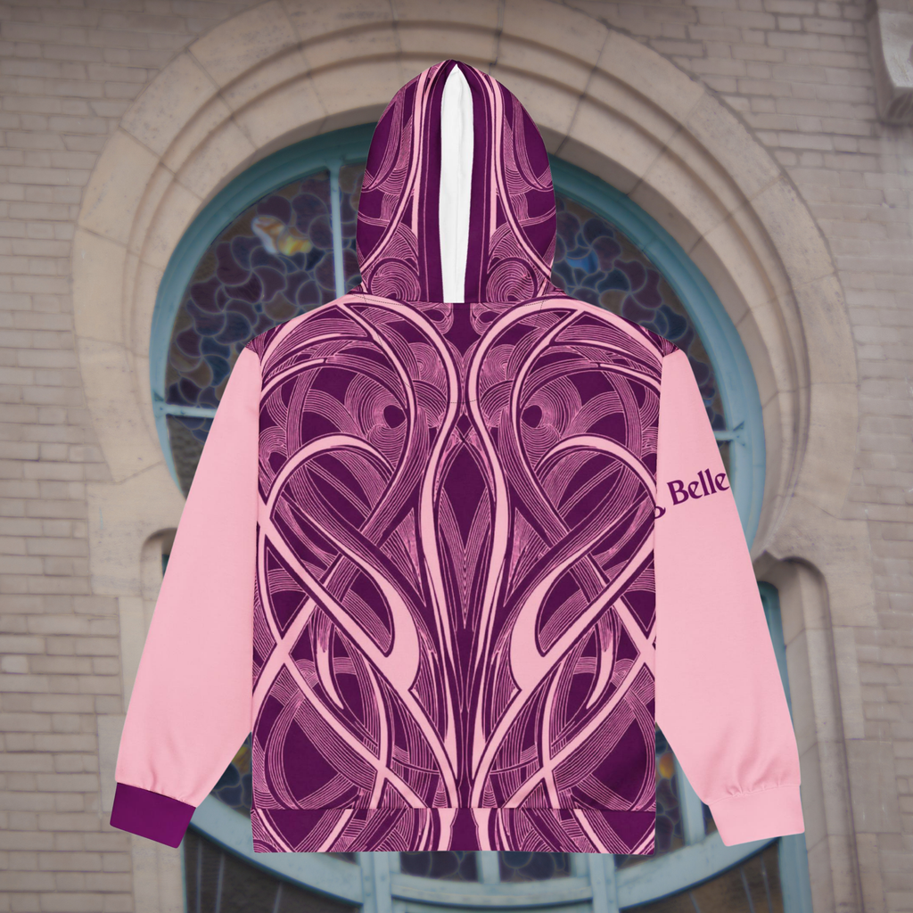 Pink Art Nouveau zip hoodie rear product view showing flowing plum and blush ornamental lines.