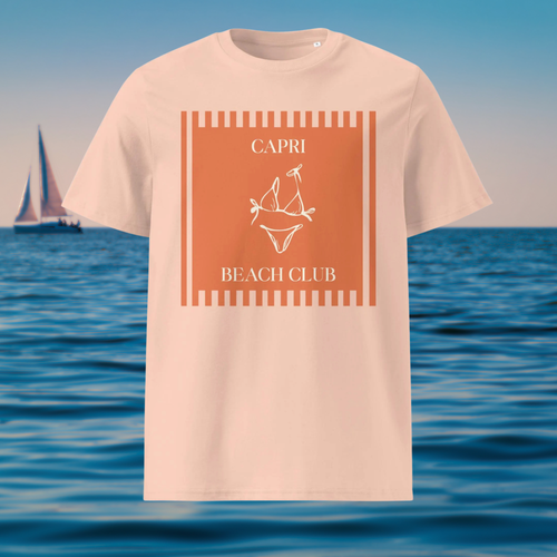 Capri Beach Club T-shirt in peach, front product view with orange bikini artwork.