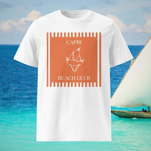 Capri Beach Club T-shirt in white, front product view against turquoise sea and a sailboat.