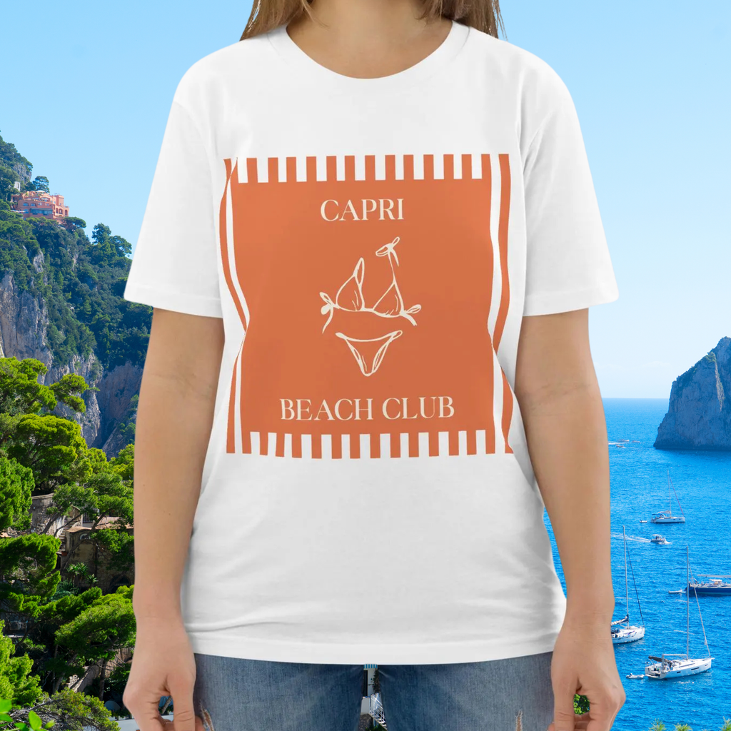 Capri Beach Club T-shirt in white, torso view of the orange beach club graphic.